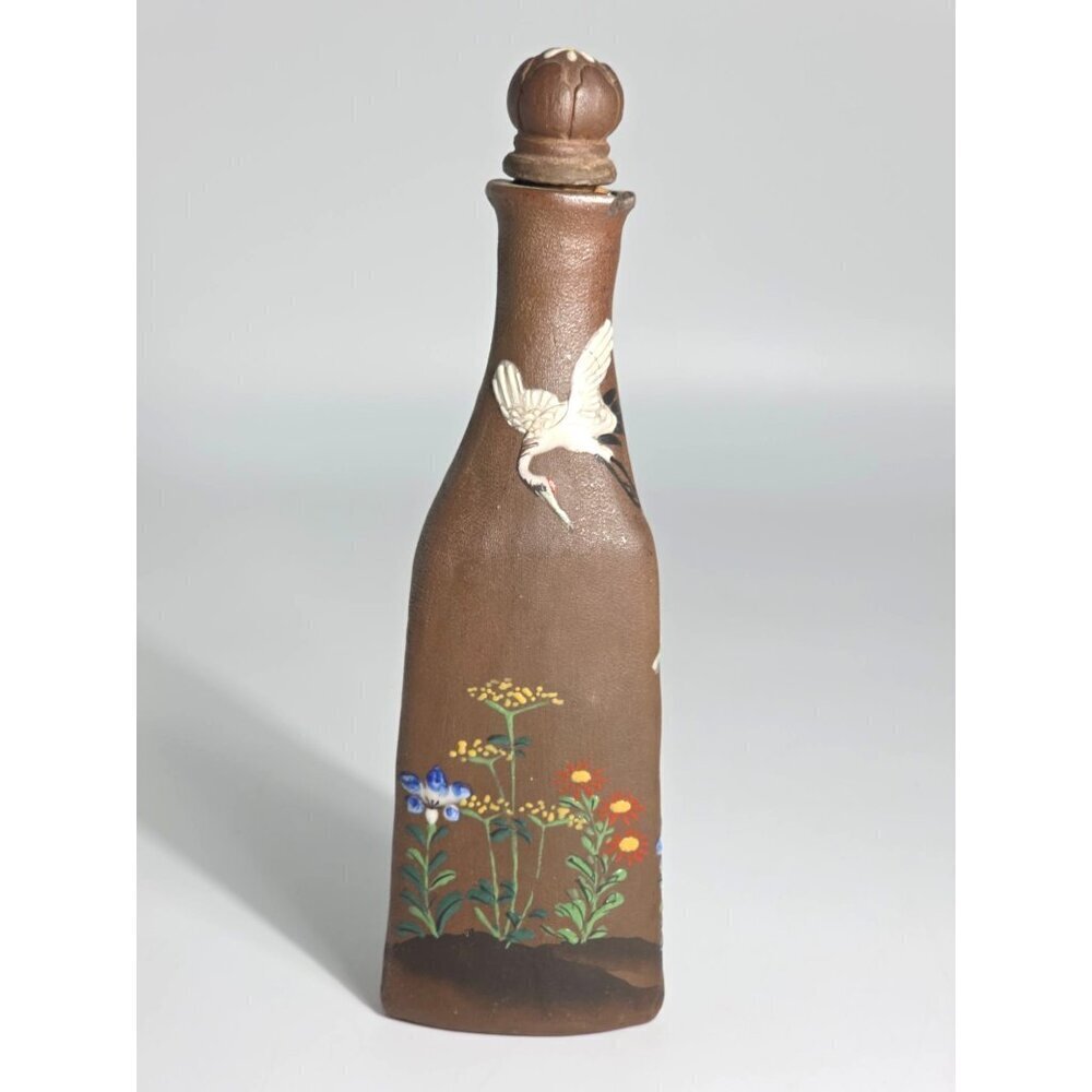 Elegant Banko Ware MEIJI Era Japanese Hand Painted Bottle Crane Floral Design - Picture 2 of 12